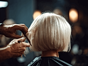 Stylist cutting hair in salon, close-up on hands and flowing hair, soft lighting