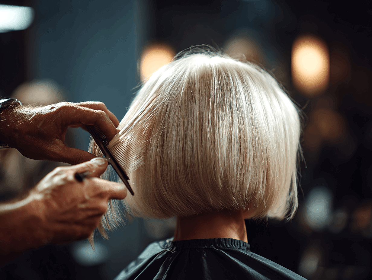 Stylist cutting hair in salon, close-up on hands and flowing hair, soft lighting