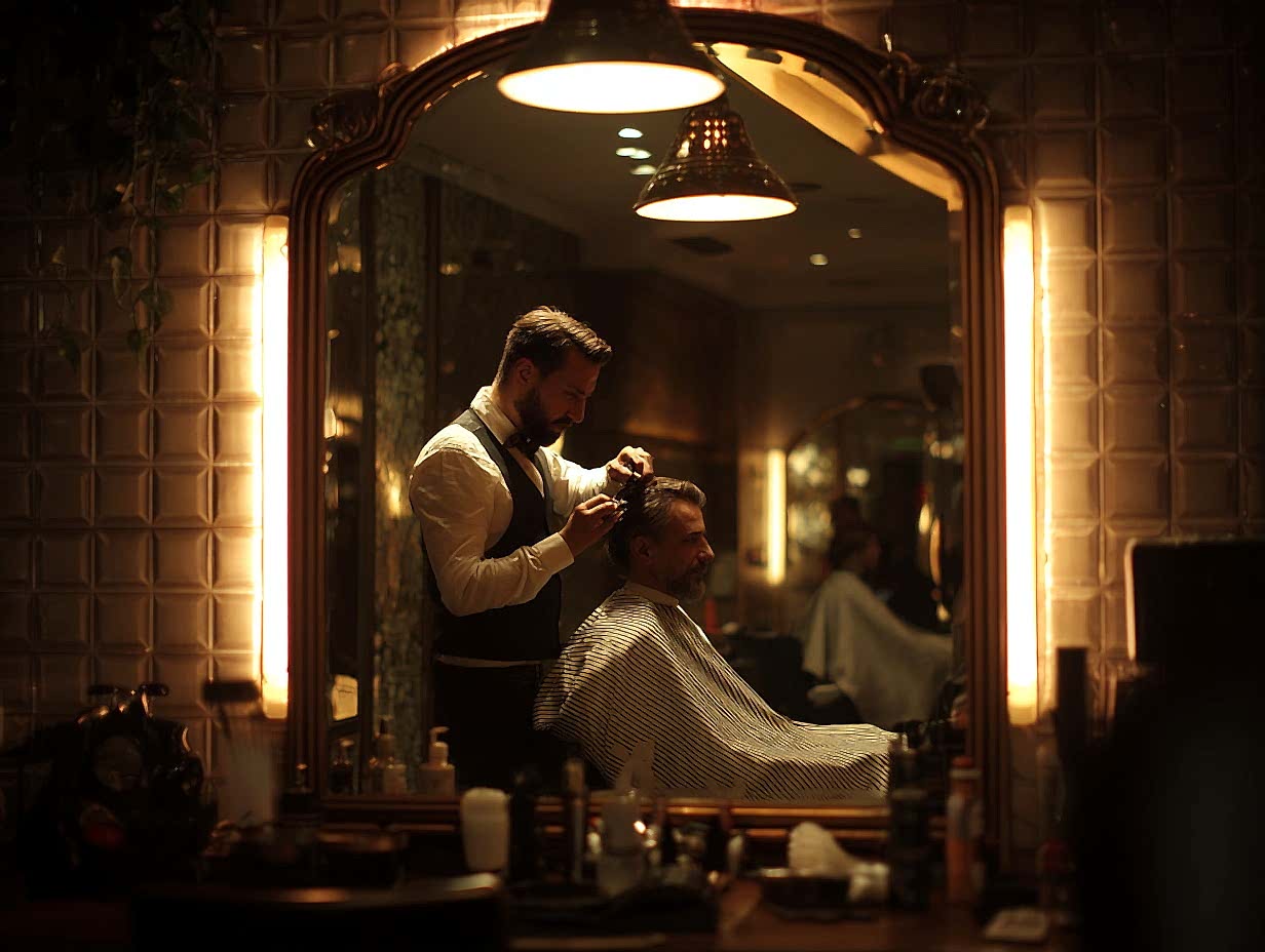 “Barber styling men’s haircut in Istanbul salon with modern warm lighting”