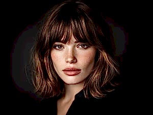 Woman with curtain bangs in a modern haircut, beauty hairstyle inspiration