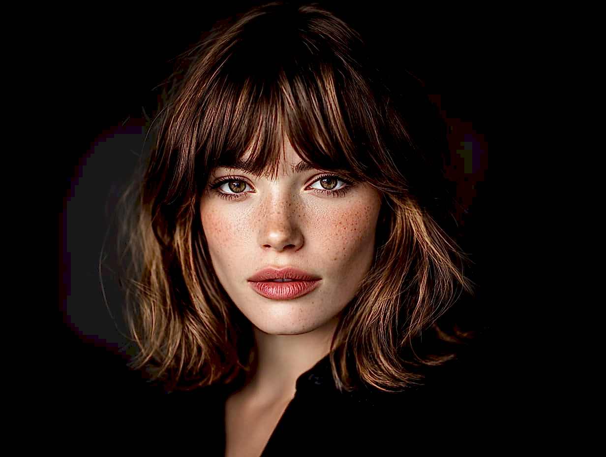Woman with curtain bangs in a modern haircut, beauty hairstyle inspiration