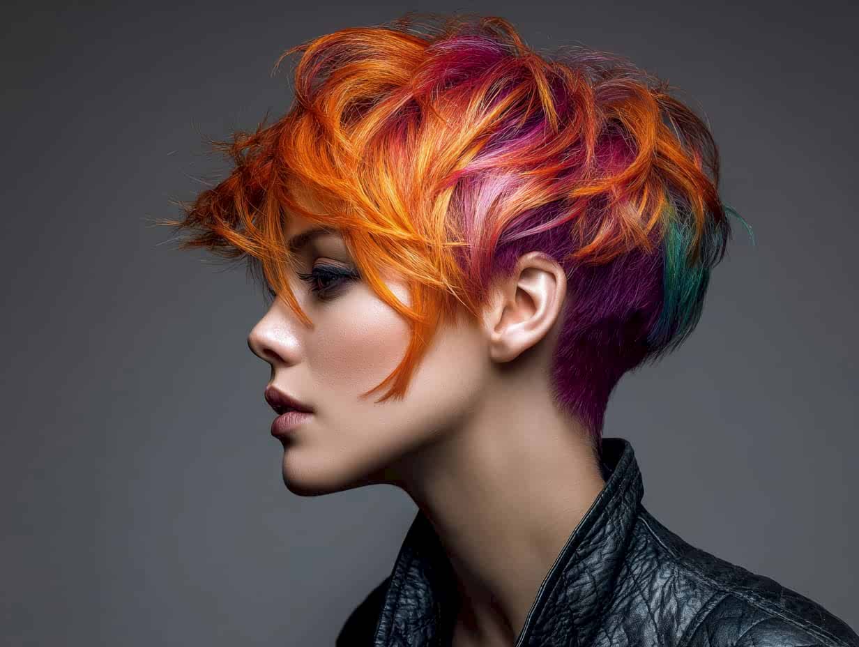 Bold edgy female haircut with vibrant color