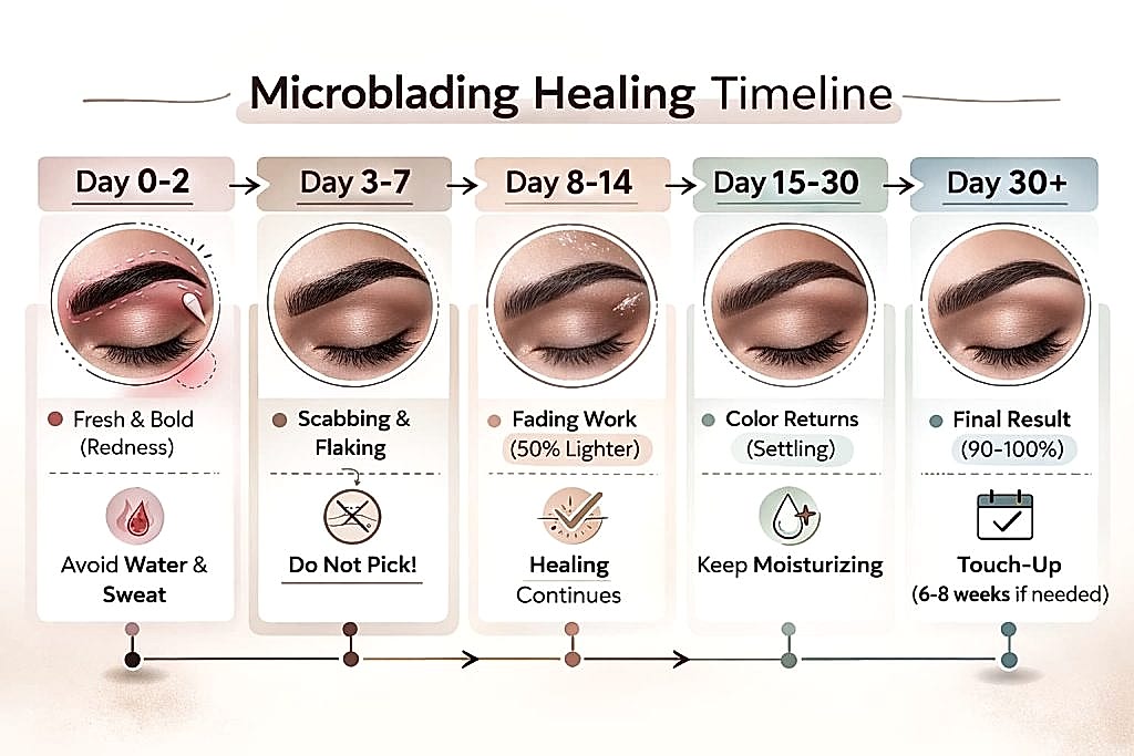 Microblading healing process timeline showing microblading aftercare day by day stages from day 0 to week 6